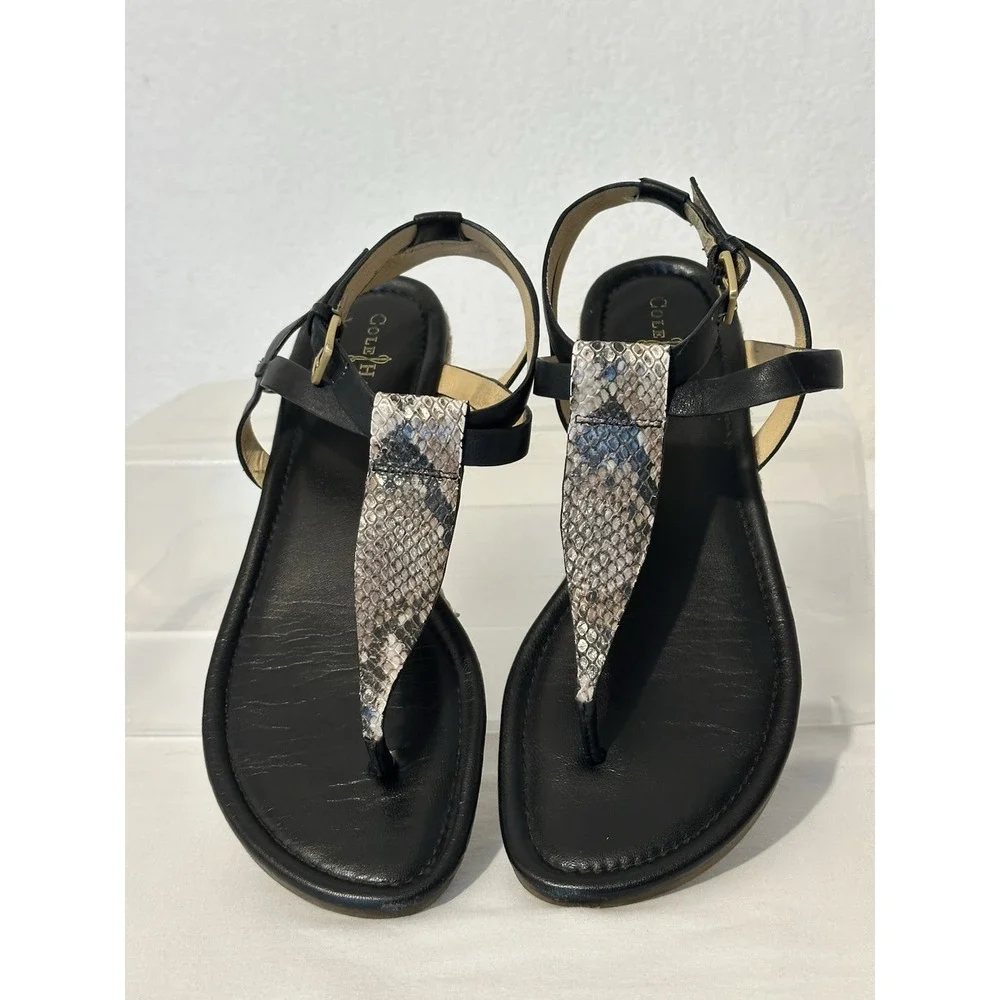 Cole Haan‎ Faux Snakeskin T Strap Sandals Size 7.5B Black